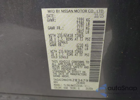 2015 Nissan Murano Platinum/S/Sl/Sv z USA, uszkodzony, nr VIN 5N1AZ2MH2FN283479